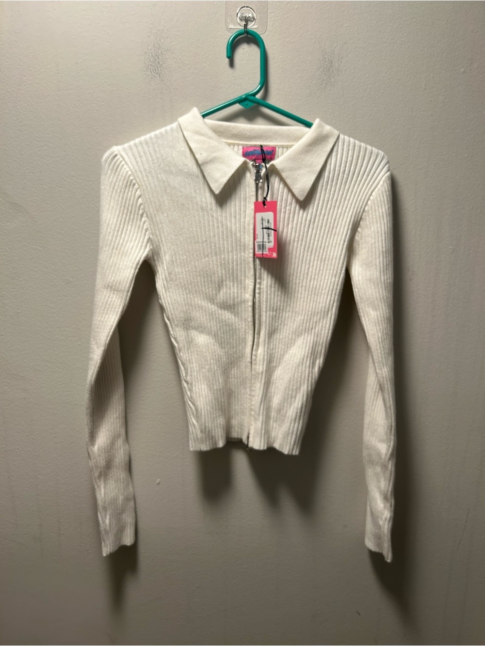 Edikted Cream Ribbed Zip-Up Collared Sweater